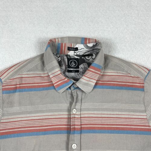 Volcom Shirt Mens Medium Slim Fit Gray Striped Surf Skate Casual Skater Beach - Picture 3 of 13