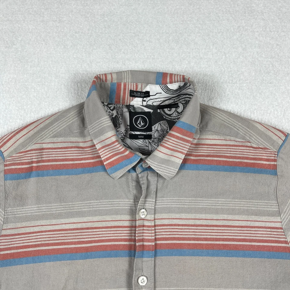 Volcom Shirt Mens Medium Slim Fit Gray Striped Surf Skate Casual Travel Workwear - Image 3 of 4