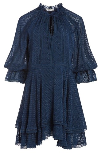 Alice + Olivia Joanne Women's Lace Trim Ruffle Tiered Dress Sapphire Blue Size 4 - Picture 5 of 7