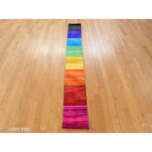 Alfombra oriental anudada a mano de seda Sari muestra manta carta colorida 1'x9' R78463 - Imagen 3 de 8