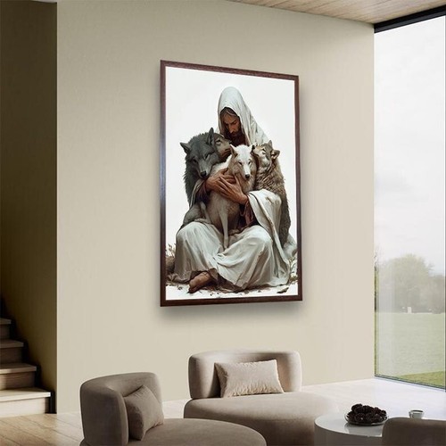 Jesus With Wolves Art, Inspirational Christian Artwork With Animals, Spiritual - Picture 2 of 6