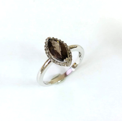 14 Karat White Gold & Classic Marquise Smoky Quartz Halo Diamond Statement Ring - Picture 3 of 7