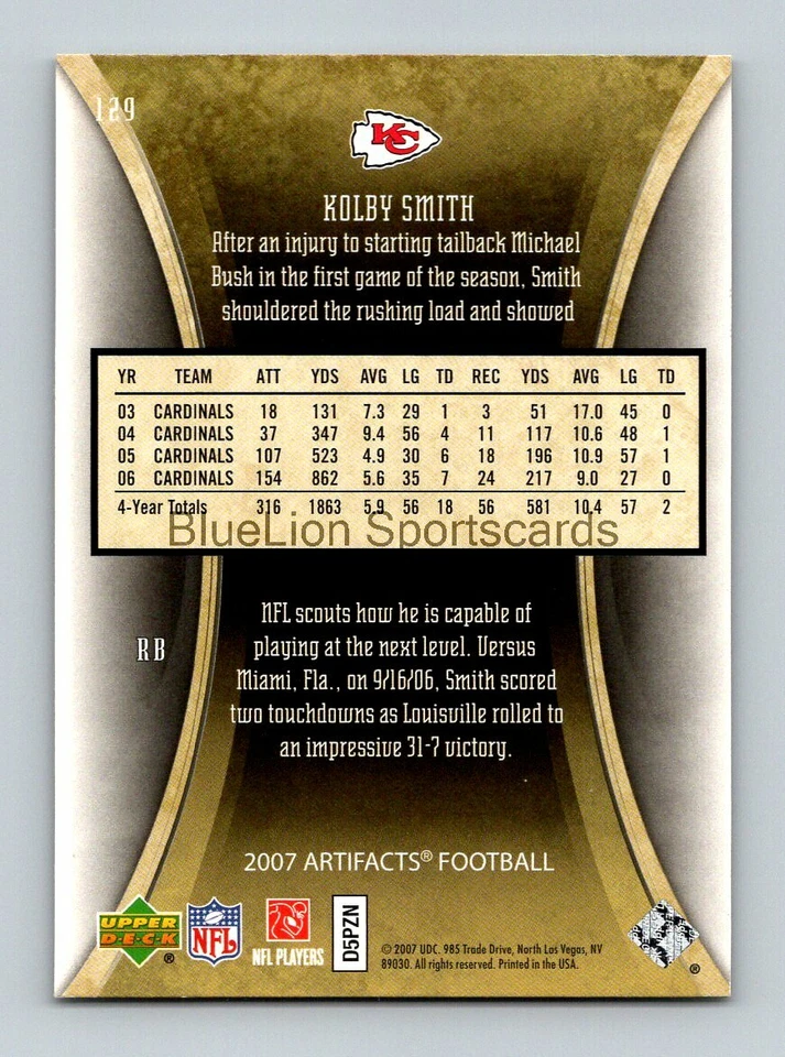  2007 Artifacts #129 Kolby Smith RC - Image 2 of 2
