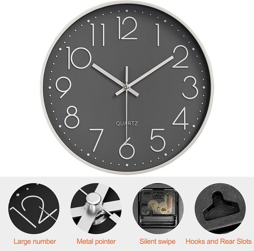 12" Wall Clock Silent Non Ticking Clock for Living Room Bedroom Kitchen Office - Picture 6 of 22