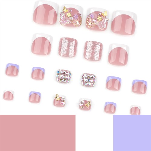 Summer Toe Press-On False Nail Diamonds Butterfly White French Pedicure 24pcs - Picture 5 of 6
