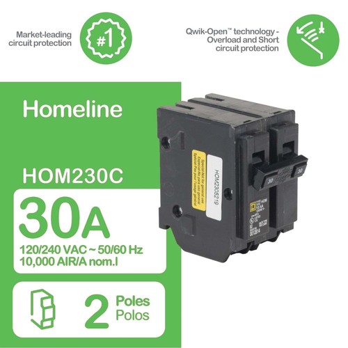 Disyuntor de circuito cuadrado D 30 amperios, homeline HOM230, 2 polos, enchufe 30A, 120/240VA - Imagen 6 de 8