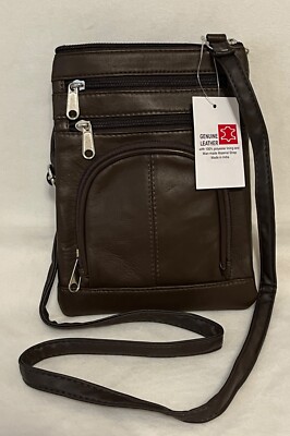 Roma Leathers Genuine Leather Multi-Pocket Crossbody Purse Bag BROWN