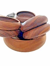 Vintage Wooden Salad Fruit Bowl Set 8 MCM Handcrafted Raised Bottom Boho Retro