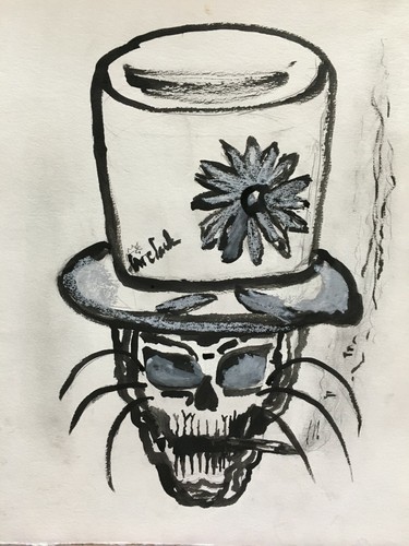 SKULL in TOPHAT smoking Ink Drawing 15 1/5" x 20" Gallery artist lori clark - Picture 3 of 8
