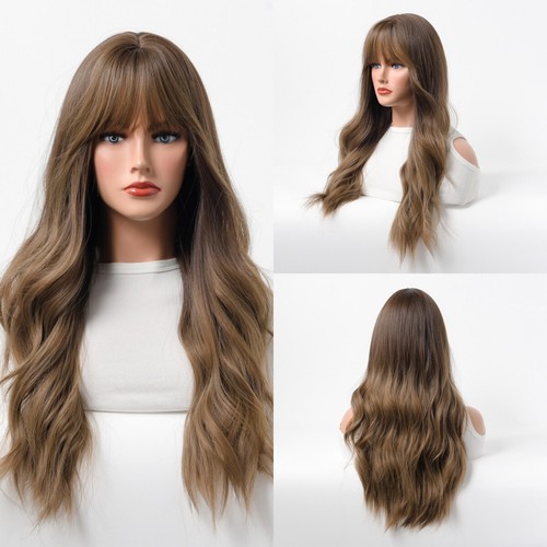 Natural Highlight Ombre Brown Long Wavy Wigs Fanshion Women with Bang Hair Daliy - Bild 14 von 15