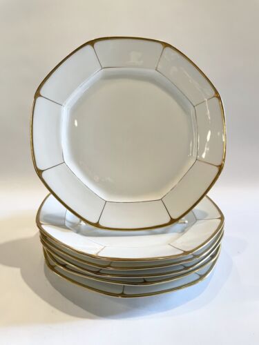 Vintage Set of Six (6) Austrian Gilt White Porcelain 9.5" Octagonal Plates