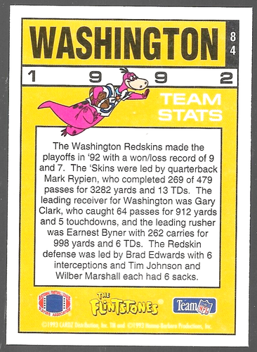 Cardz Flintstones NFL 84 1993 Washington Redskins Team Stats Dino - Imagen 6 de 8