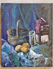 ARTIST SIGNED ORIGINAL PAINTING ON CANVAS STILL LIFE ART FOOD EGGS MILK BASKET