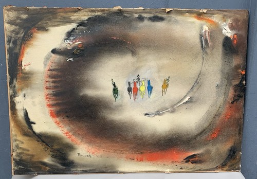 Tableau Ancien Aquarelle Animaux Chevaux Arène Art Naif Poucette (1935-2006) - Foto 3 di 16