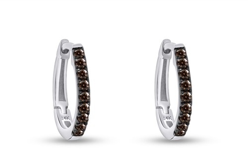 1/7ct Brown Real Natural Diamond Huggies Hoop Earrings 14k Solid Gold - Picture 7 of 21