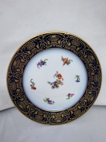 6 Wm. Platos de cena Guerin & Co. Limoges Francia 11" oro cobalto floral - Imagen 10 de 15