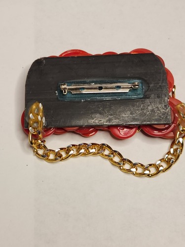 Artisan Red Gold Tone Cluster Bead Button Steampunk Drape Chain Large Pin Brooch - Picture 4 of 5