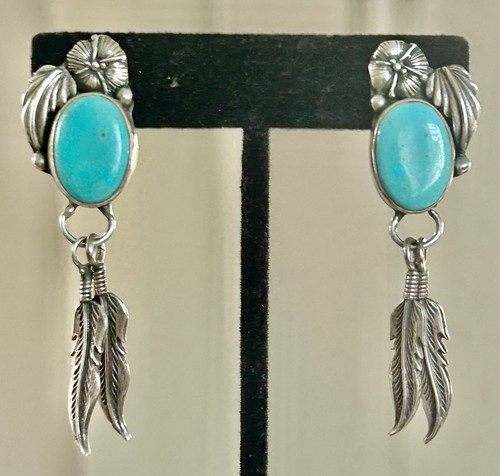 Native American Sterling Silver NAVAJO Handmade Turquoise Feather Earrings - Picture 7 of 7