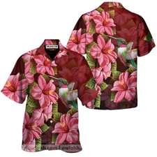 Hawaii Red Hibiscus Humming Bird Hawaiian Shirt Aloha Summer Beach Button Down
