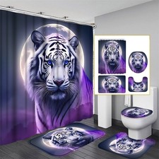 3D Moon White Tiger Shower Curtain Bathroom Rug Bath Mat Toilet Lid Cover Decor