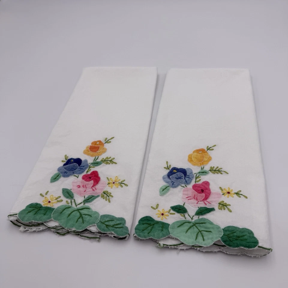 Juego de 2 toallas de té vintage de algodón blancas multicolores bordadas a mano florales Foto 2 de 4