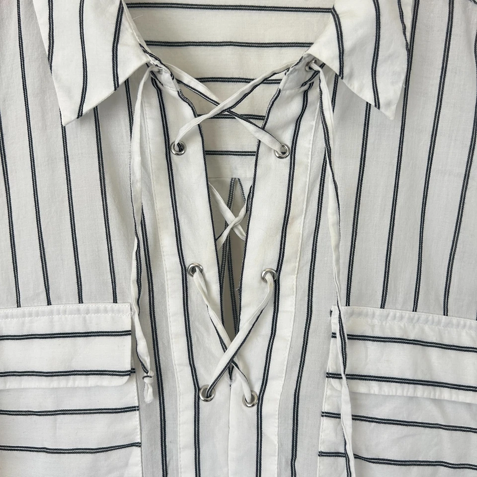 Equipment Femme Top Womens Large White Striped Cotton Lace Up Blouse L - Image 3 of 4
