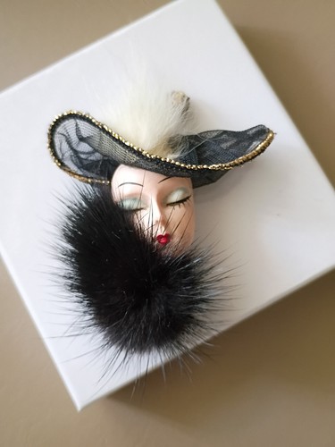 Broche cabeza dama vintage años 70 estilo art deco con detalles de visón - Imagen 8 de 18