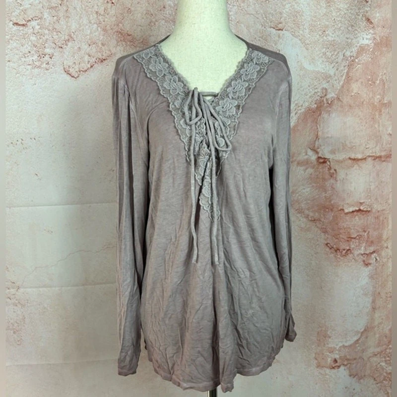 Camisa femenina AE suave y sexy romántica boho con cordones talla XL malva cuello en V Foto 2 de 4