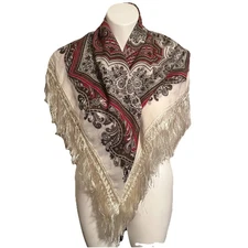 Handdruck Cashmere Blend Printed  Scarf Wrap Fringed Hand Printed Quiet Luxury