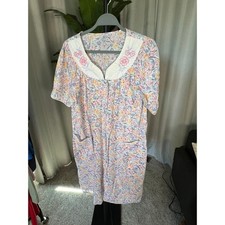 Vintage Floral Snap Front House Dress Pastel Pink Blue Yellow Duster M L