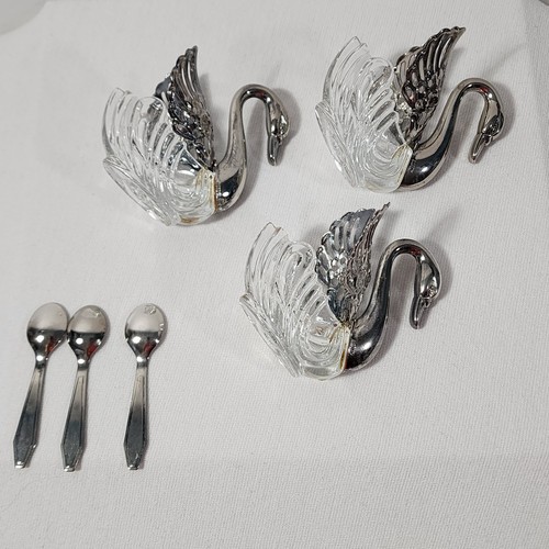3 Swan Open Salt Cellars Crystal Silverplate Hinged Wings Salt Spoon Vtg 80's - Picture 9 of 18