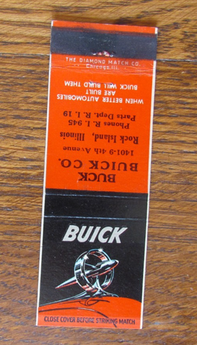 1940s BUCK BUICK CAR DEALER MATCHBOOK COVER: ROCK ISLAND, ILLINOIS MATCHCOVER A3