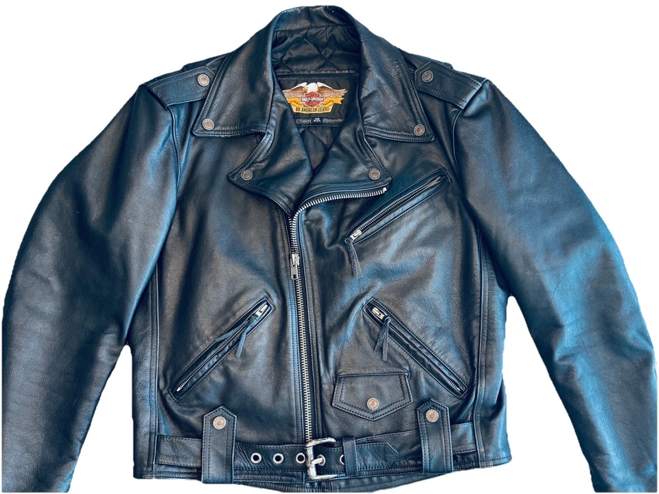 Chaqueta de cuero Harley Davidson para hombre mediana negra de la década de 1990 American Legend Foto 2 de 4
