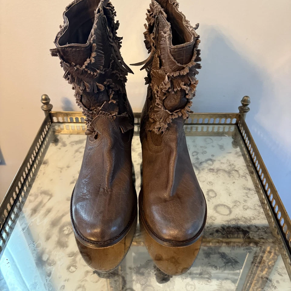Botas Sheridan Mia Mujer Talla 39 Marrón Tobillo Flecos Occidentales Cuero Boho Cremallera Foto 2 de 4