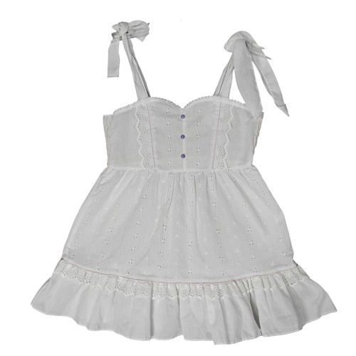 Vintage Eyelet Girls Dress Size 6 White & Purple Buttons Decor Tie at Shoulders