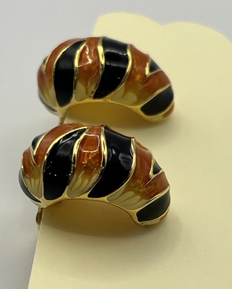 Pendientes Kenneth Jay Lane KJL Esmalte Clip Estampado Tigre Naranja Negro Tono Dorado Foto 4 de 4