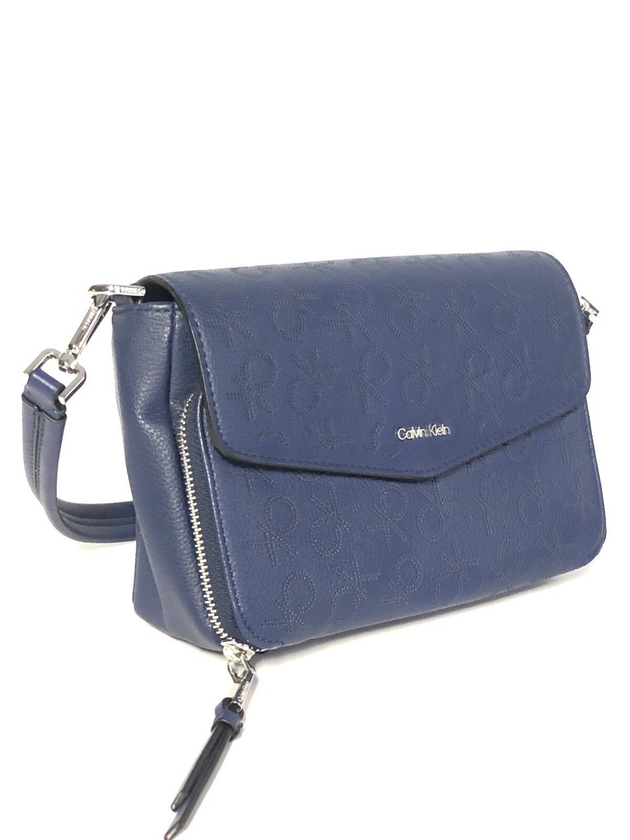 Calvin Klein Purse Ava Novelty Signature Demi Shoulder Bag Flap Top Blue Logo
