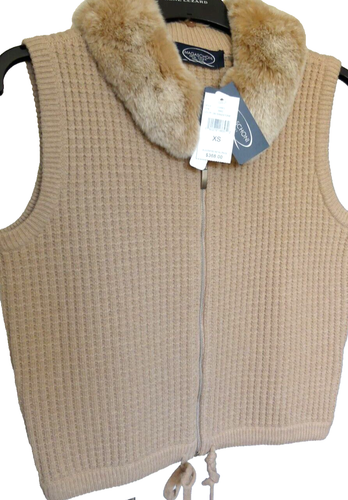 Gilet lana ritagliata Magaschoni arenaria beige USA XS collo pelliccia di coniglio staccabile - Foto 6 di 13
