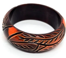 Mid Century Burnt Orange Deeply Carved Large Bangle Bracelet Simichrome Tested