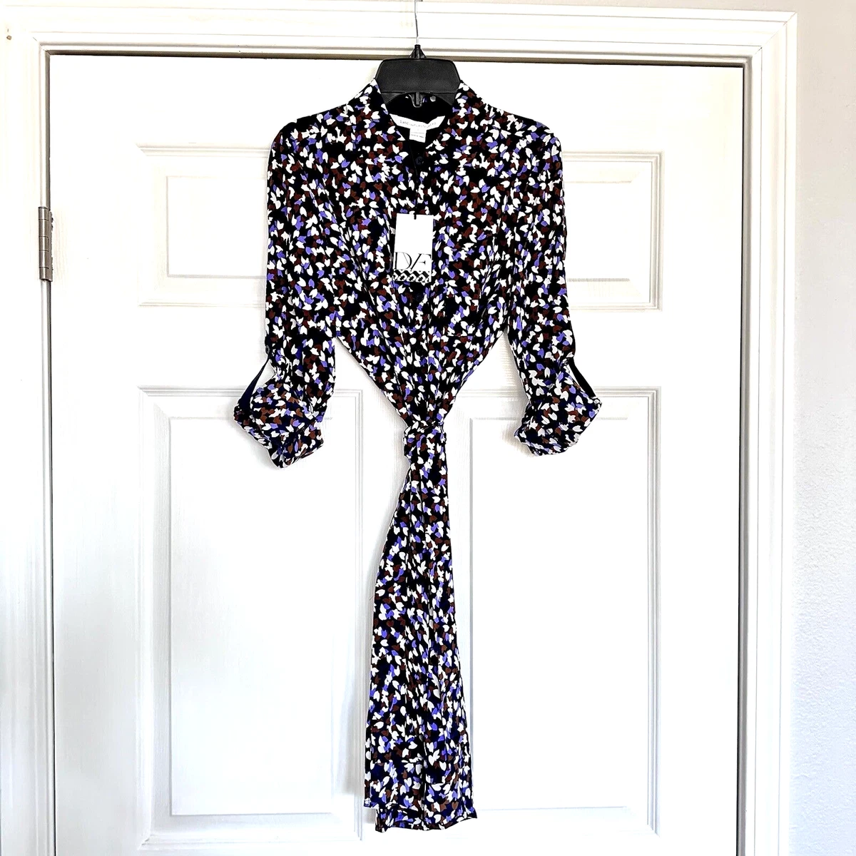 NWT DVF Prita Shirt Dress Silk Printed Dress Belted Roll Tab