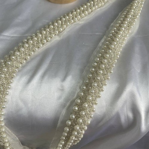 Ivory Pearls Beaded Bridal Mesh Trim Silver Beaded Bridal Sashes Wedding Belt - Picture 4 of 10