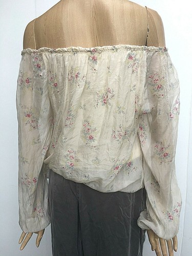 Giusy Ivory Silk Floral Blouse Elastic Bottom Off Shoulder long Sleeve Sz M/L - Picture 5 of 9