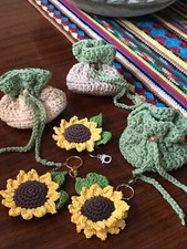 Lot Of 3 Hand Crocheted Sunflower Key Chain W/Crocheted Gift Bag/USA Made/New  