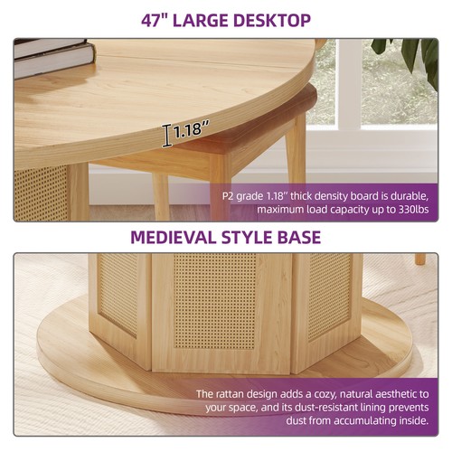 47 inch Round Dining Table for 4-6 Wood Kitchen Table Dinner Table w/Rattan Base - Picture 5 of 10