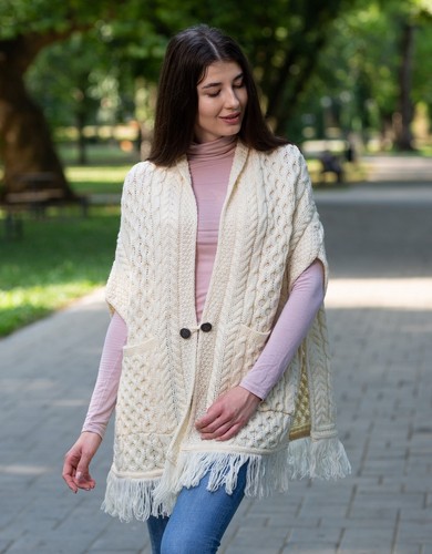 SAOL Women's Shawl Irish Cape 100% Merino Wool Aran Knit Cardigan with Pockets - Picture 26 of 39