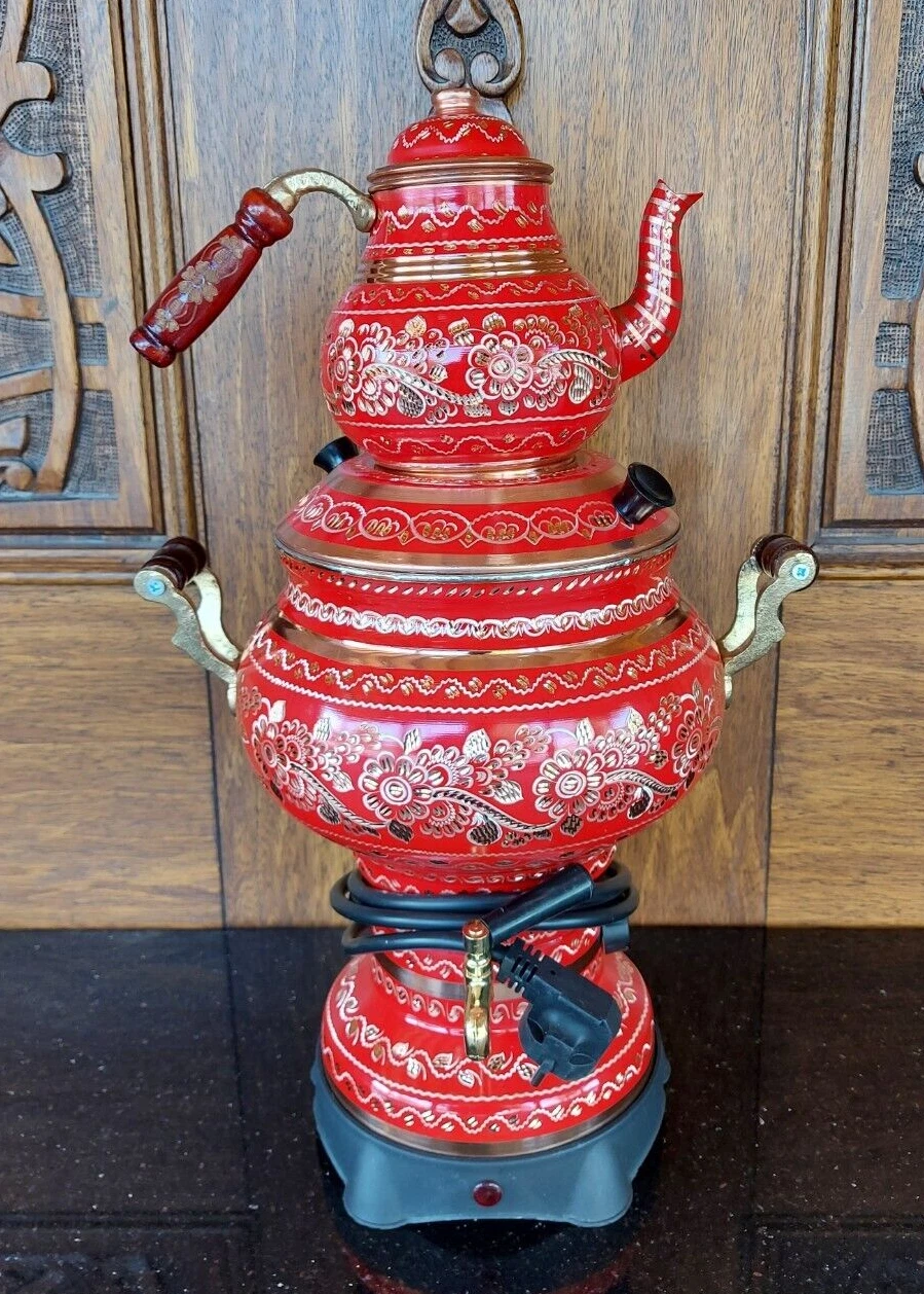 5 lt-Red Electric Copper Samovar-Thermostat Tea Set,Cylinder Kettle,Decorative