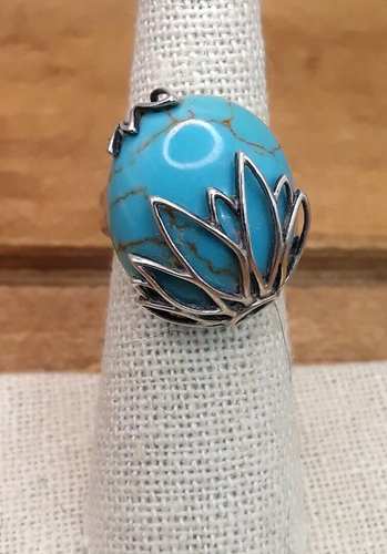 Vtg. Alexandria Coll. Turquoise Cabochon Lotus Floral Sterling Silver Ring Sz. 6 - Afbeelding 2 van 9