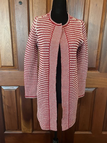 Talbots 100% Merino Wool Open Front Long Cardigan Sweater Coat Sz XS Red White