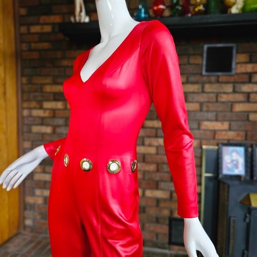 Vtg 70s Hip Hugger Funky Disco Wet Look Catsuit Soul Train Bellbottom Jumpsuit M - Picture 7 of 11