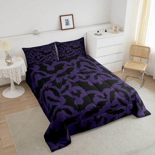 Halloween Themed Bedding Comforters Queen Size,Black Bats Animal Print Comforter - Picture 4 of 6
